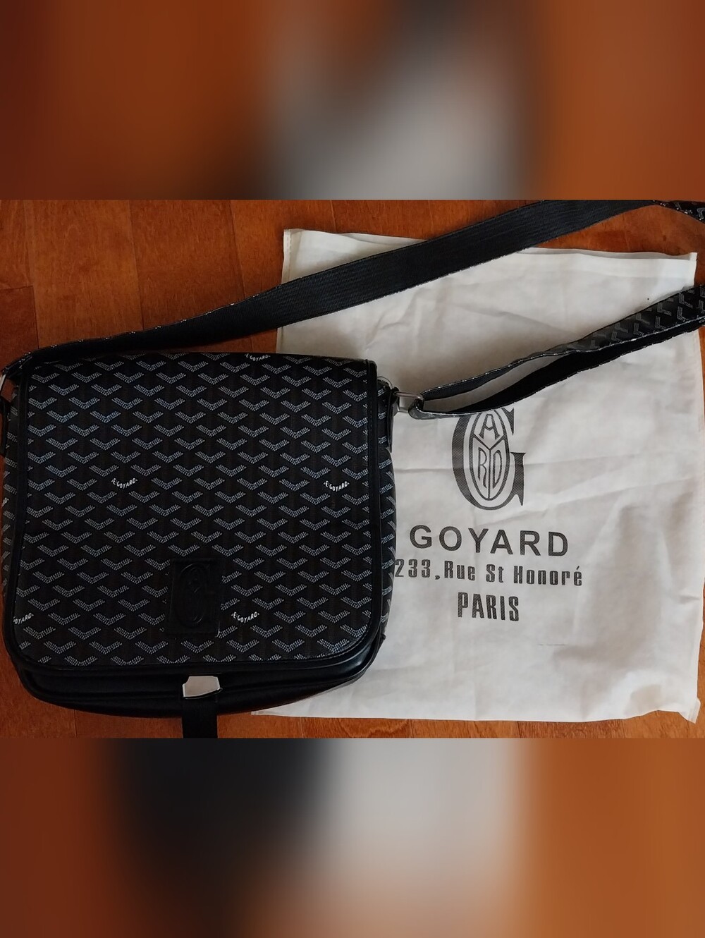 Black Patterned Crossbody Messenger Bag with Adjustable Strap